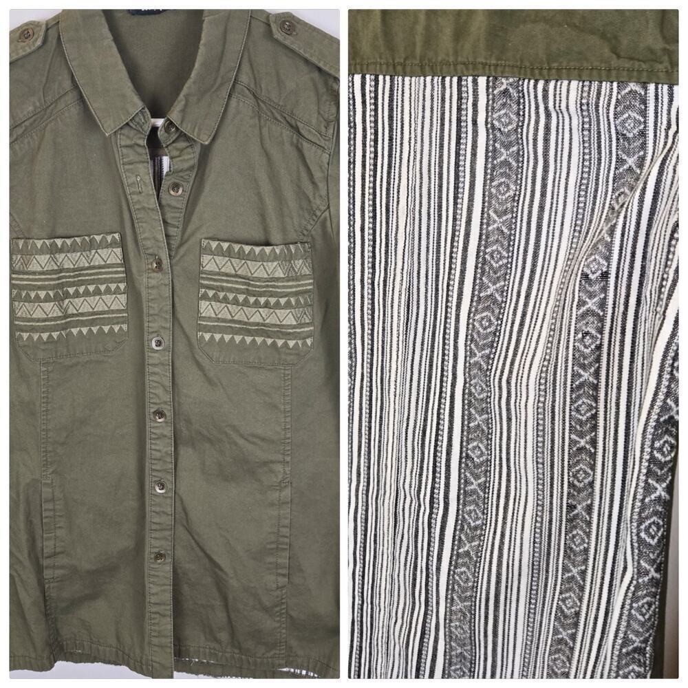 Anthropologie Blu Pepper Army Utility Jacket SMALL Tribal Mosaic Back Grunge Boh